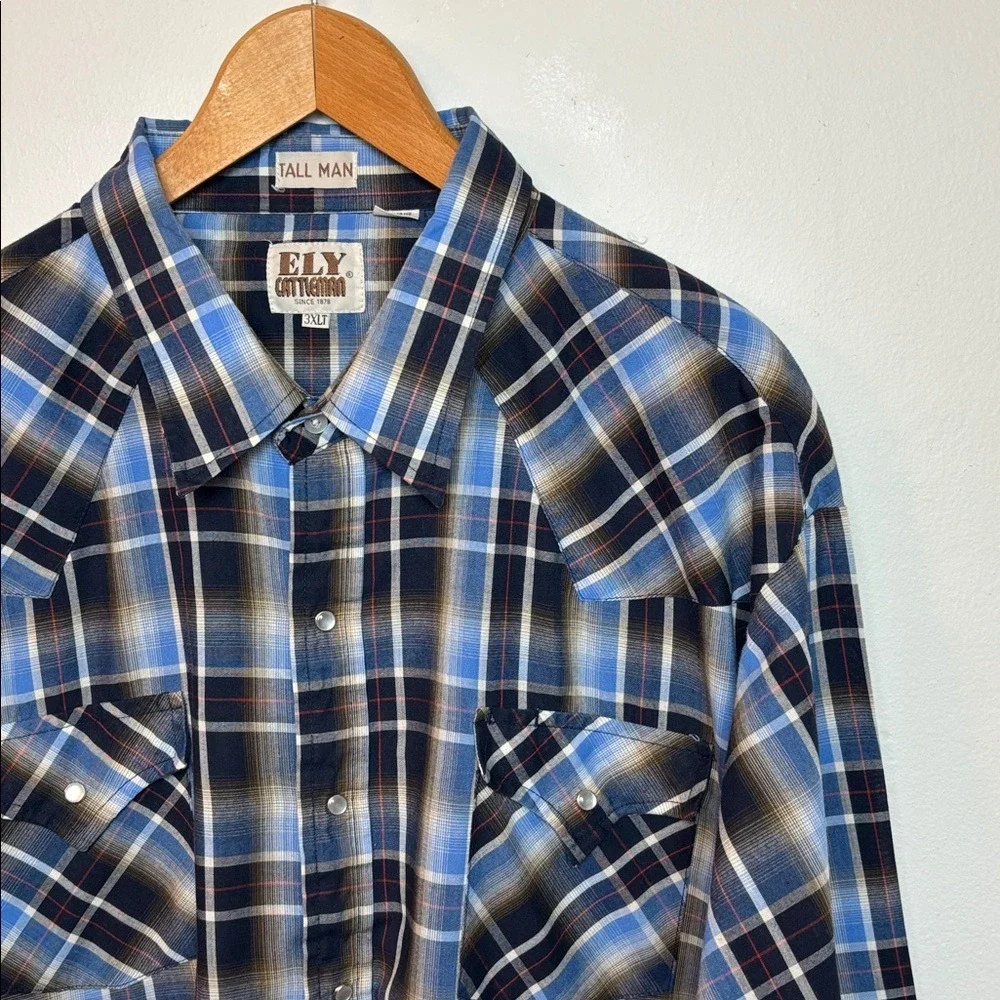 VTG Ely Cattleman Men's Long Sleeve Tall Pearl Snap Shirt Blue Plaid‎ 3XLT